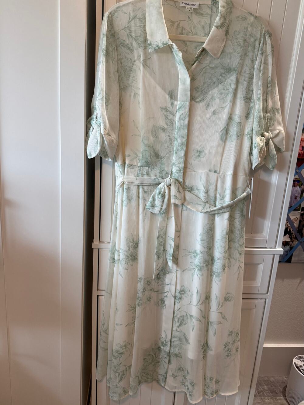Calvin Klein Floral Tie Sleeve Chiffon Shirtdress sz 14 NWT